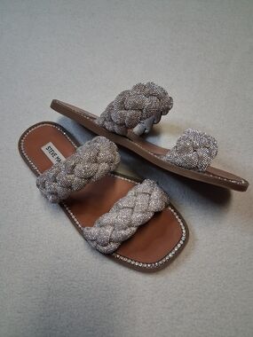 Steve Madden Silver Braided Beaded Slide Sandals